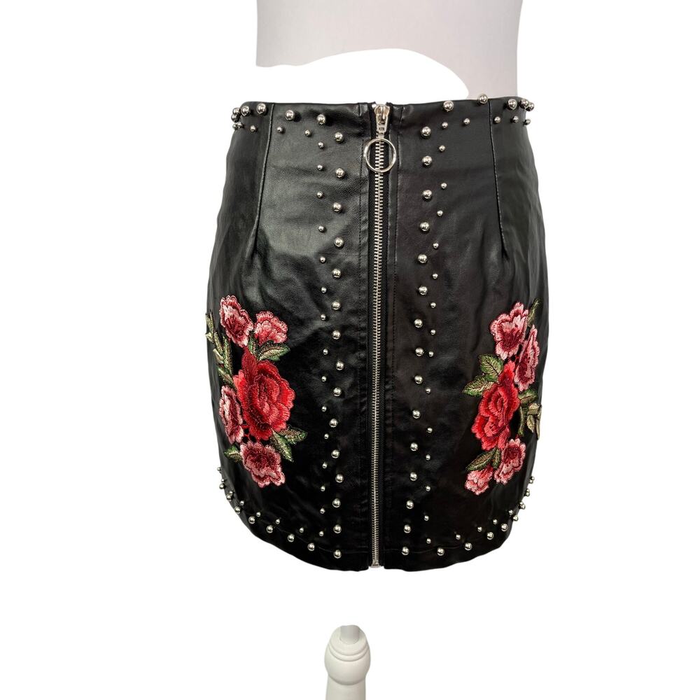 Promesa Studded Embroidered Faux Leather Skirt